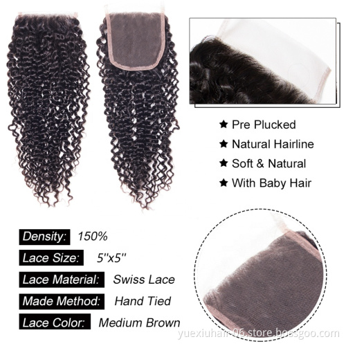 Factory Wholesale Price Closure Kinky Curly Texture Unprocessed Virgin Human Hair Frontal Closure 5x5 with Skin Part